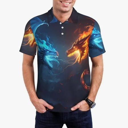 Uemuo Red And Blue Fire Dragon C for Men’s Golf Shirt – Premium Pique Cotton Polo Soft & Breathable Casual Short Sleeve Shirt Comfortable Activewear for Sports & Leisure-Medium