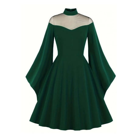 ylioge Womens Fall Dresses Gothic Retro Elegant Off Shoulder Dress Casual Lace Mesh Long Puff Sleeve Mock V Neck High Waist with Swing Pleated Hem Solid Color Black Formal Midi Dress