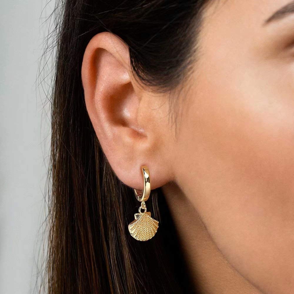 Turandoss Huggie Hoop Earrings for Women 14K Gold Plated Dainty Cubic Zirconia Sea Shell Charm Dangle Hypoallergenic Jewelry Mothers Day Birthday Gifts for Women Teen Girls