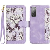 Allytech Galaxy S20 FE/ S20 Lite Wallet Case Cover, Flower Pattern PU Leather Shoulder Strap Hand Wrist Flip Cover for Girls Women Stand Protective Wallet Case for Samsung Galaxy S20 FE - Purple