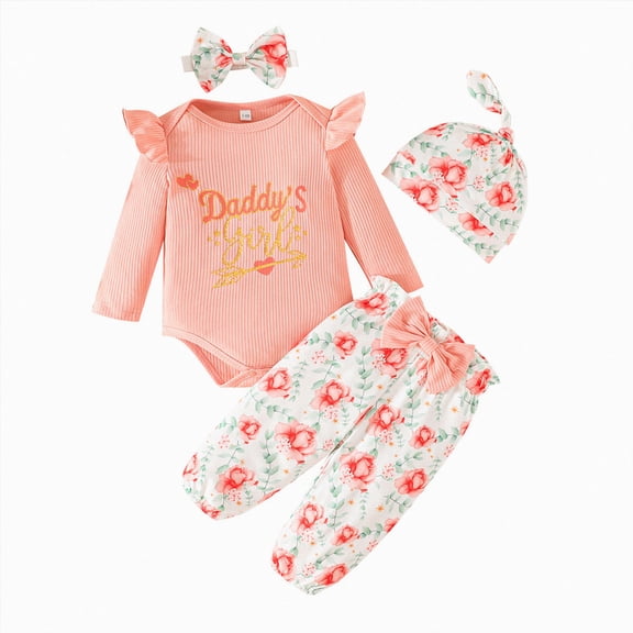 TOWED22 Baby Girl Clothes 3pc Outfits Set Long Sleeve Round Neck Print Romper Jumpsuit Ribbed Pants Headband Fall Winter Set(Pink,6-9 M)