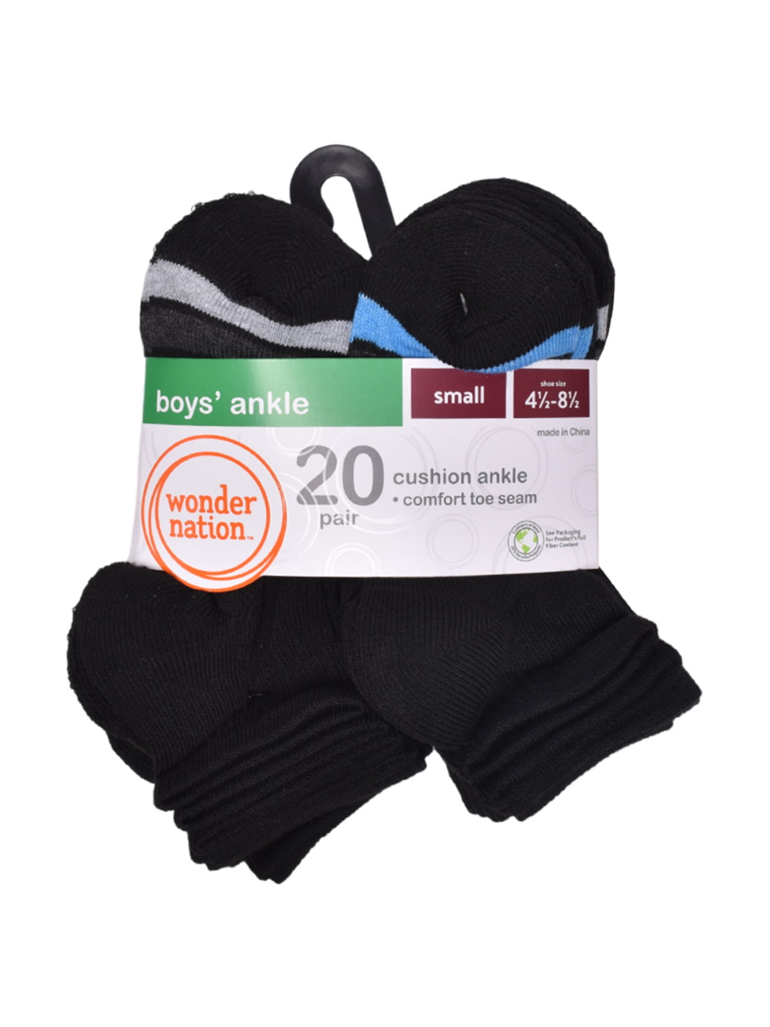 Wonder Nation Boys Ankle Socks, 20-Pack, Sizes S (6-10.5) - L (4-10)