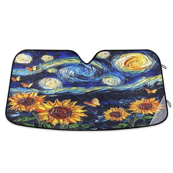 Windshield Sun Shade for Cars, 55"x27.6" Foldable Car Sun Shade with Aluminum Foil Bubble Heat Insulation, UV Protection for Sedan/SUV/Truck,Sunflowers and Sky
