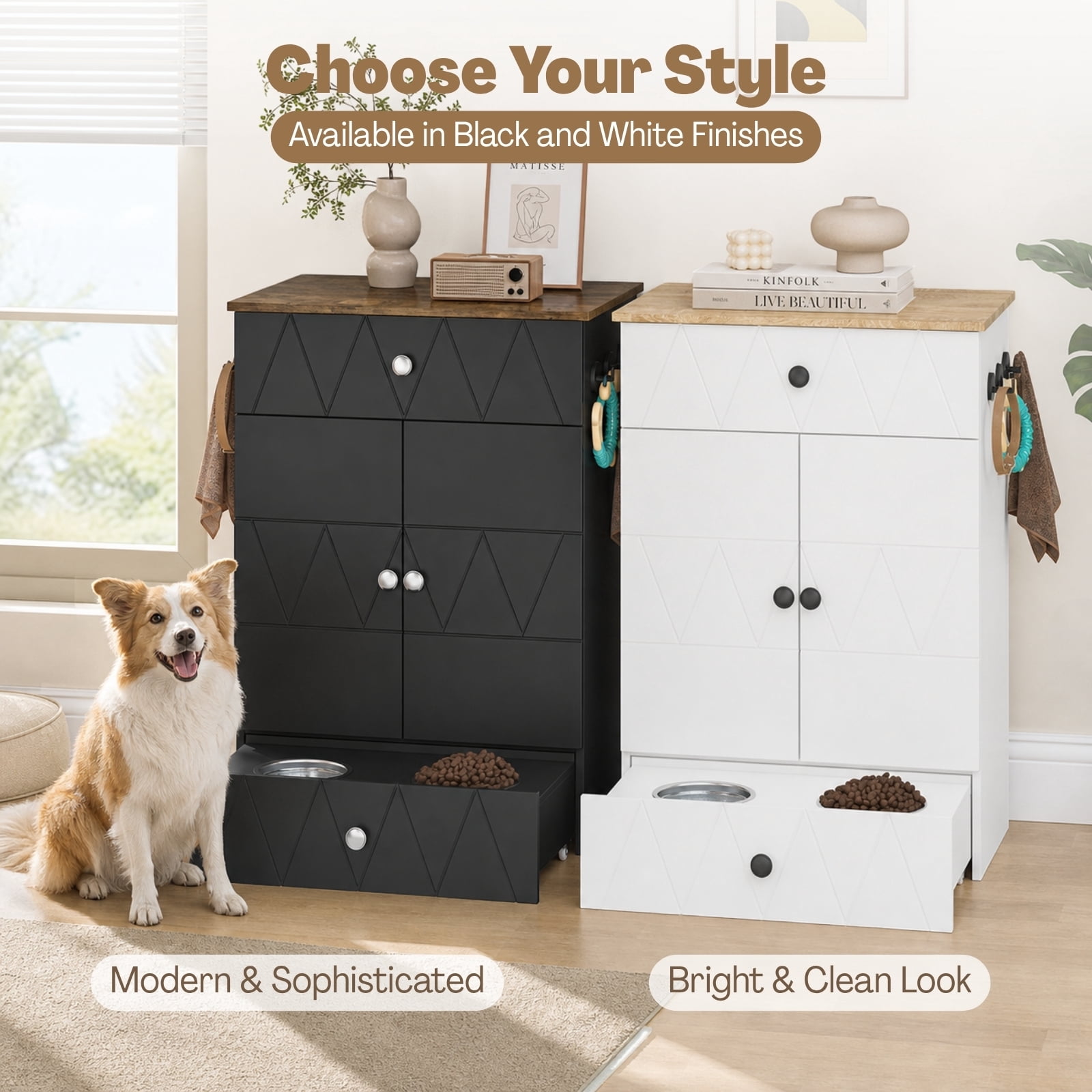 Advwin Pet Feeding Station Furniture with 2 Elevated Dog Bowls, Dog Food Storage Cabinet with Drawer, Adjustable Shelves & Hooks, Black