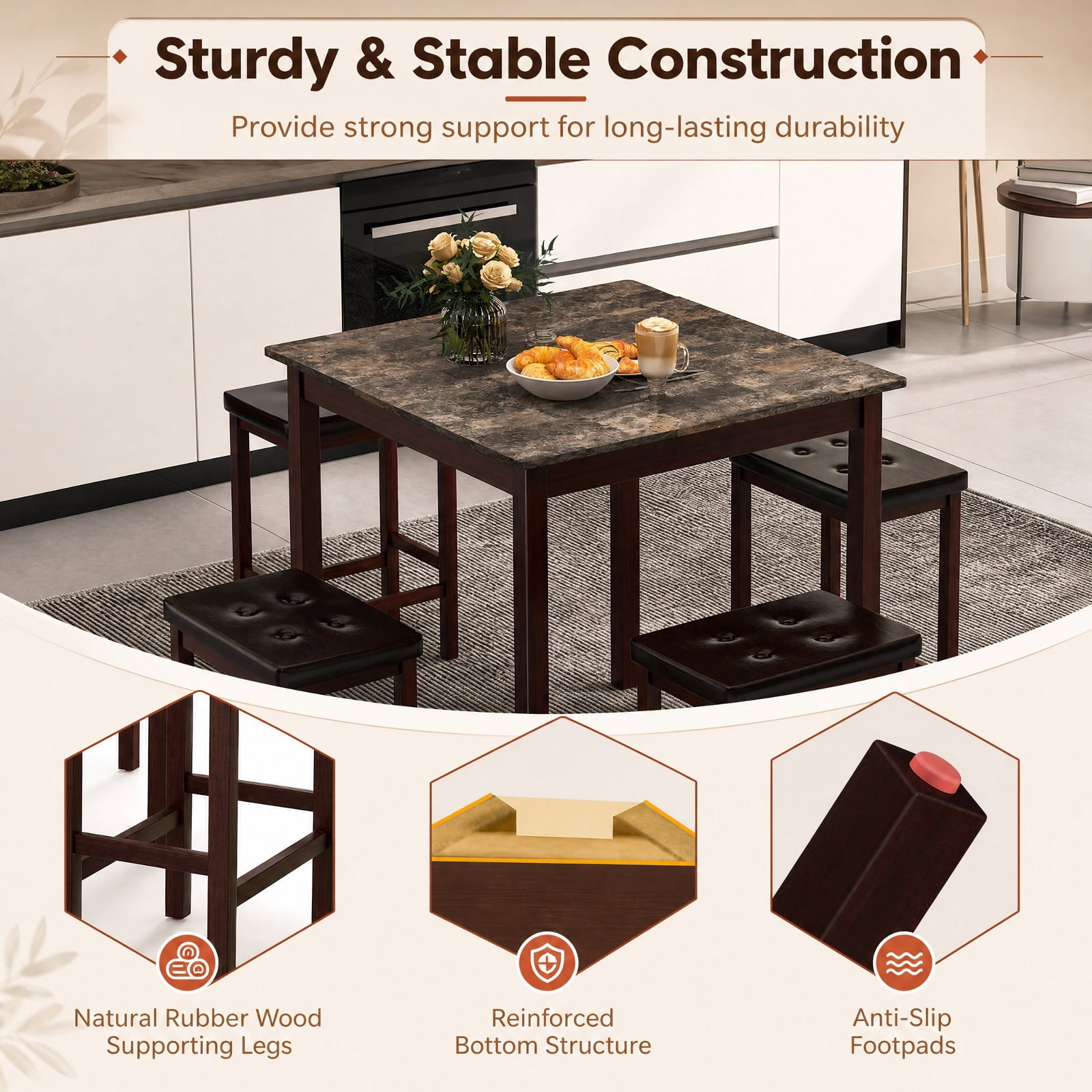 Furnibear 5 Piece Counter Height Bar Table Set with Dining Table and 4 Bar Stools with Rubber Wood Legs for Kitchen Breakfast Nook Seating, Brown