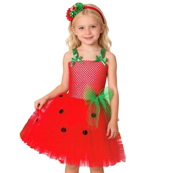 XUELUO Baby Girls Dresses Bow Strawberry Design Spaghetti Strap Polka Dot Tulle Skirts Toddler Gown For Carnival Party