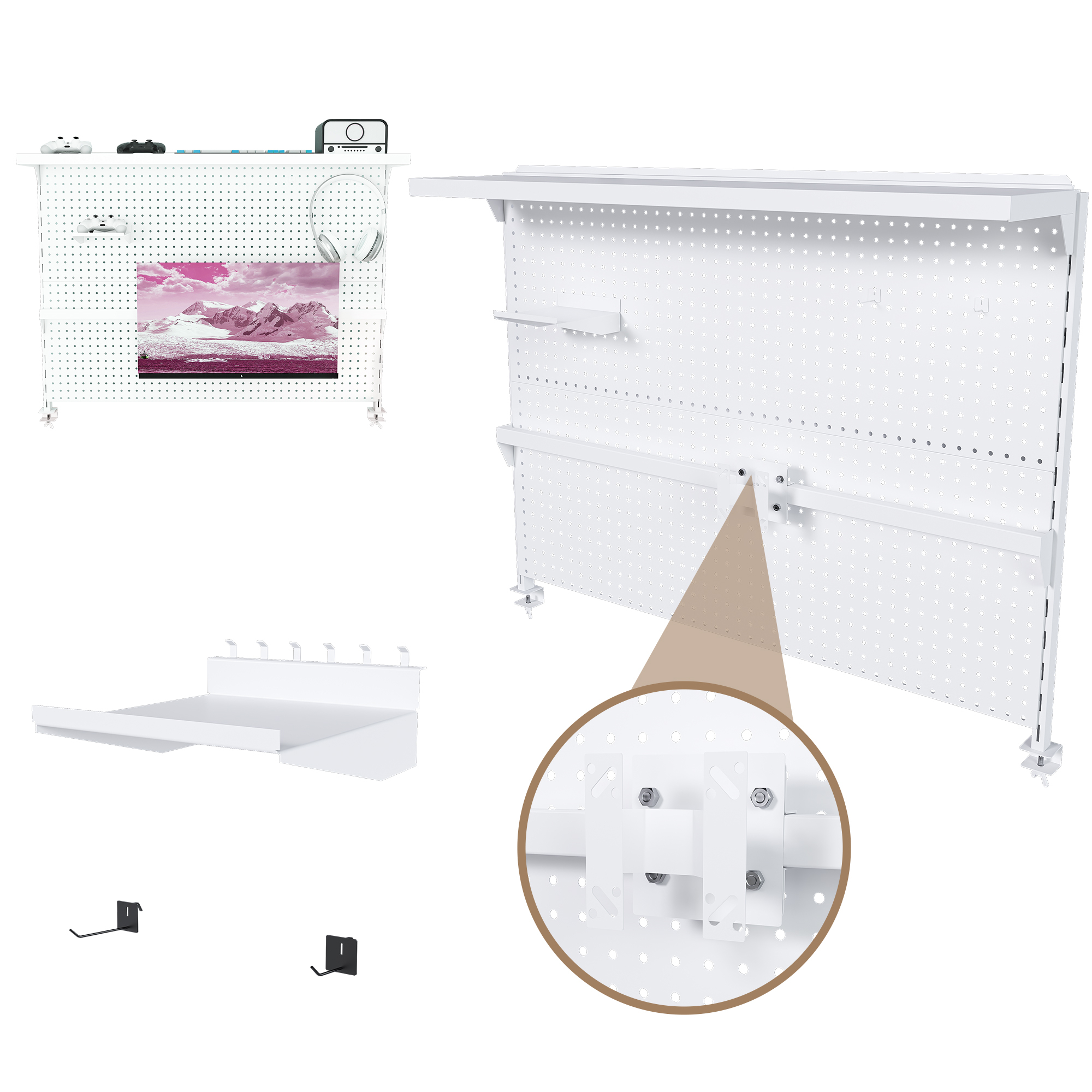 Montary Gaming & Office Desk Organizer with Dual Monitor Stand, 43x35" Metal Pegboard Privacy Panel, White