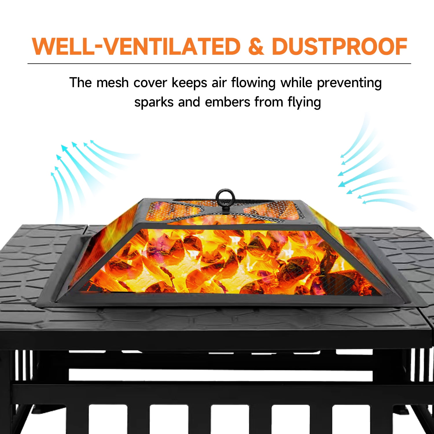 32" Heavy Duty Square Patio Wood Fire Pit Table with Spark Screen Cover, Log Grate, Waterproof Cover and Fire Poker for Outdoor Backyard, Garden, Bonfire