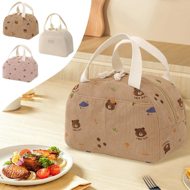 Bolsa Fiambrera Portátil | Bolsa Bento Isotérmica de Gran Capacidad | Pana Beige | 25 X 19 X 14 Cm | Ideal para Oficinistas y Estudiantes | 1 Unidad