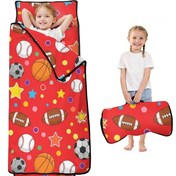 Football and Basketball Red Pattern Teens Toddler Nap Mat with Pillow, Sleeping Mat Bag for Preschool Daycare 59"x22"