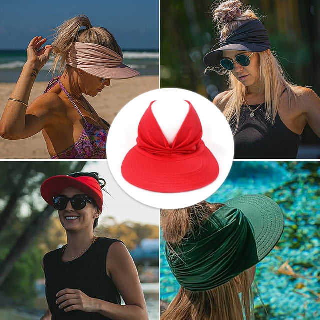 Chapeau pour Femmes Été Extérieur Chapeau de Soleil Filles Visière de Plage Chapeau de Soleil Chapeau d'Été Casquette d'Été Visière de Soleil Dames Queue de Cheval Chapeau Ajustable, Rouge
