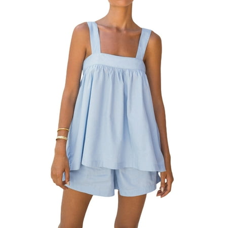 

Biekopu Women Pajama Set Sleeveless Square Neck Camisole with Shorts Sleepwear Loungewear