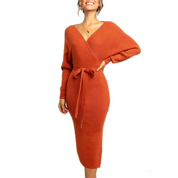 Women's Long Maxi Sweater Dresses Sexy Wrap Batwing V Neck Slit Open Back Holiday Bodycon Dress