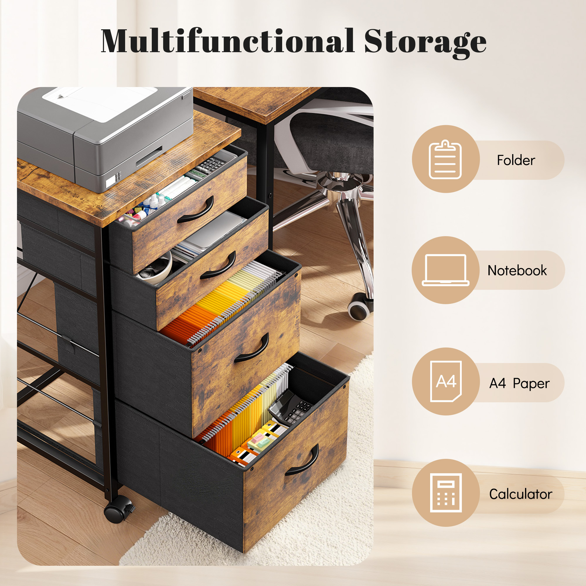 Romorgniz 4 Fabric Drawers Mobile File Cabinet Desk Table Cabinet Fits A4/Letter Size Printer Stand for Home Office，Rustic Brown