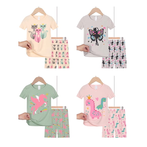 Emy Dola High Elastic Thread Girls' Short Sleeved Pajamas Set Cartoon Summer 2pcs Shorts Sleepwear Set 2-9T