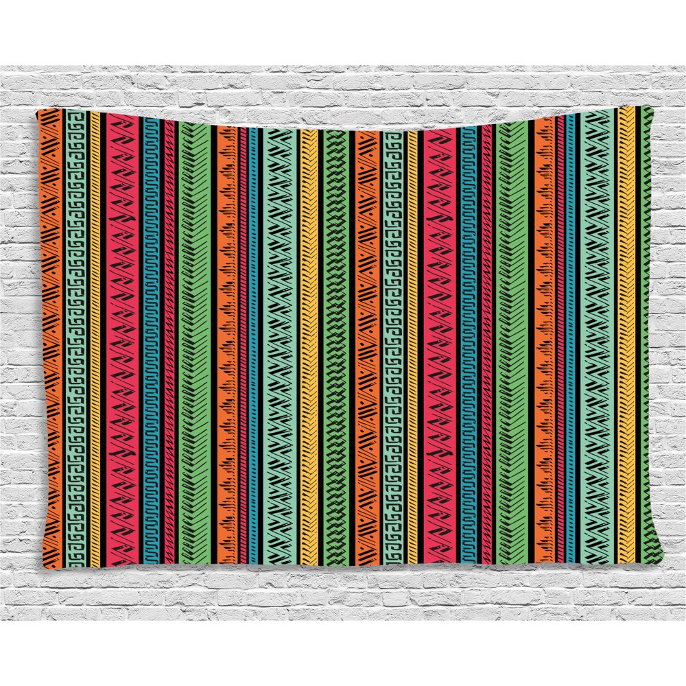 Hippie Tapestry, Artistic Hand Drawn Vertical Borders Colorful Native Indian African Culture