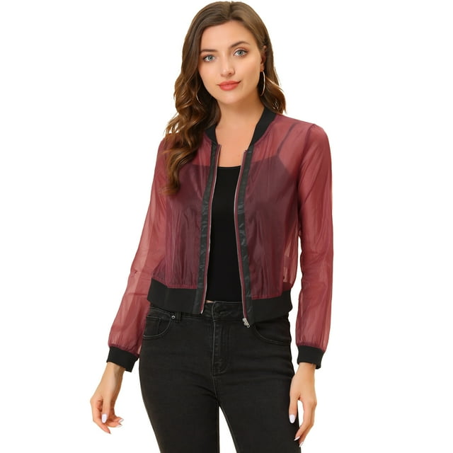 INSPIRE CHIC Veste Bomber à Manches Longues Transparente pour Femmes Rouge P