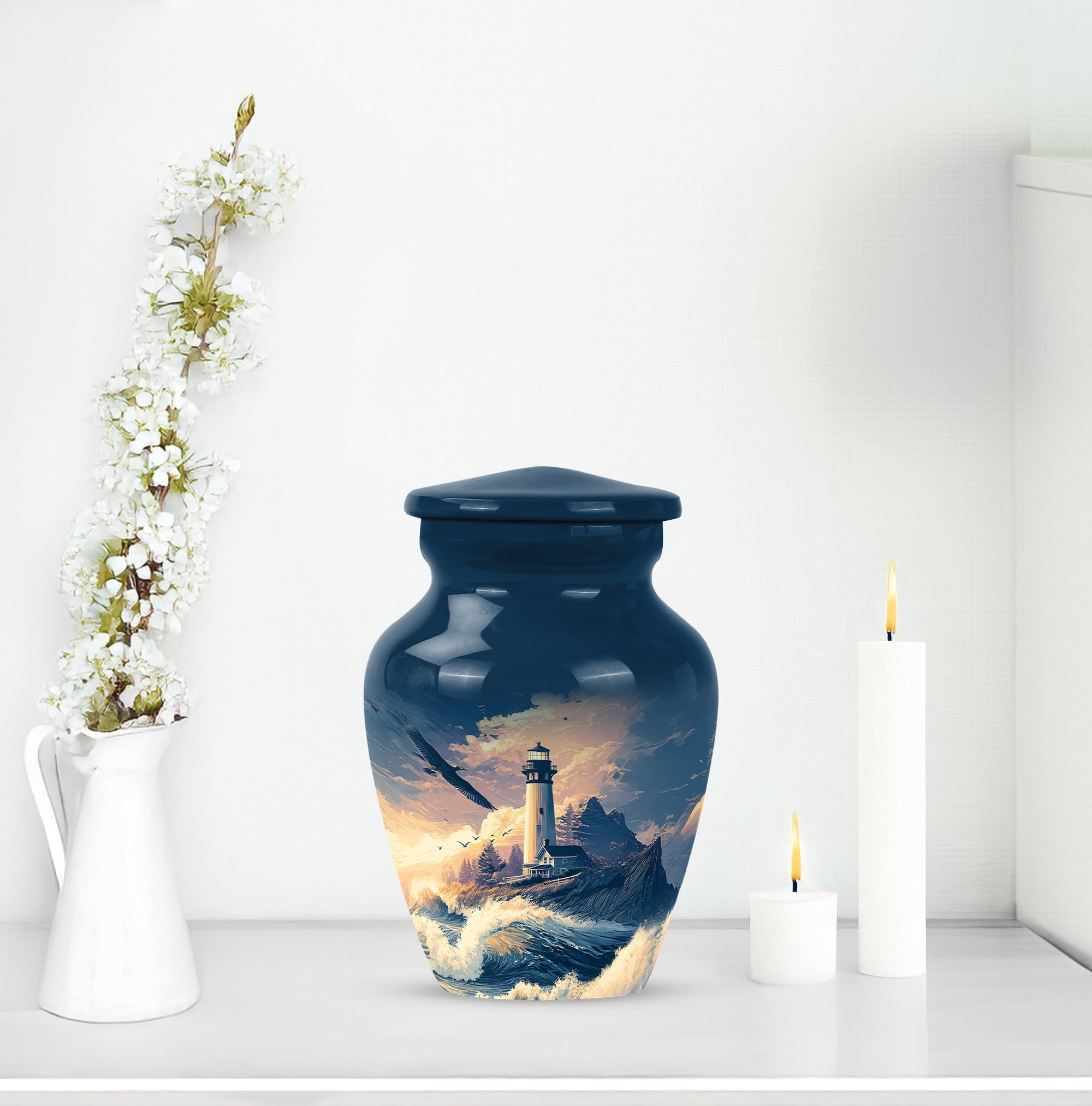 Lighthouse Small Keepsake Urn For Human Ashes For Male, Little Cloud Cremation Urn For Mom, Blue Urns For Human Ashes Adult Female Small, Miniature Funeral Ash Urns Mini, 3 Inch