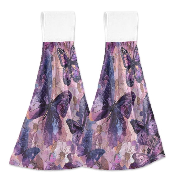 BZSMCE Hanging Hand Towels Fashion Enchanting Butterflies in Bloom Pattern 2-Pack - Velcro Style Bathroom Kitchen Towels