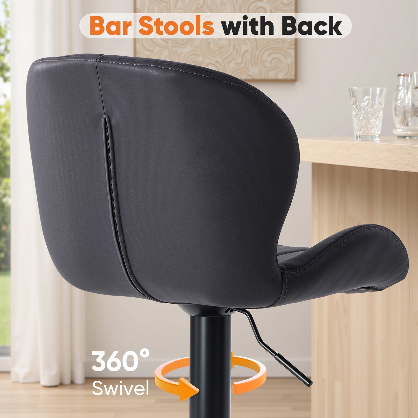 EDX Bar Stools Set of 2, Modern Adjustable Armless Swivel Counter Stools with PU Leather, Black