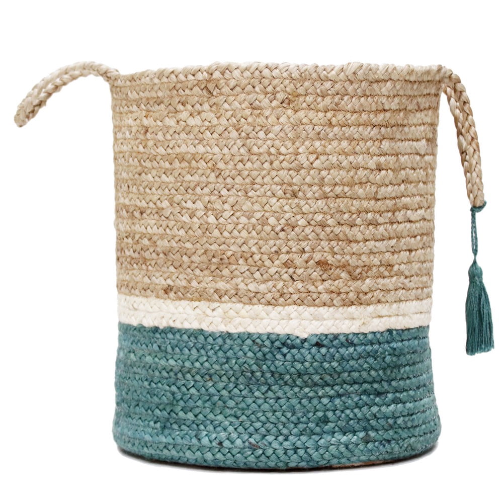 LR Home Woven Round Jute 19" Storage Basket with Handles, White/Teal Three Stripe
