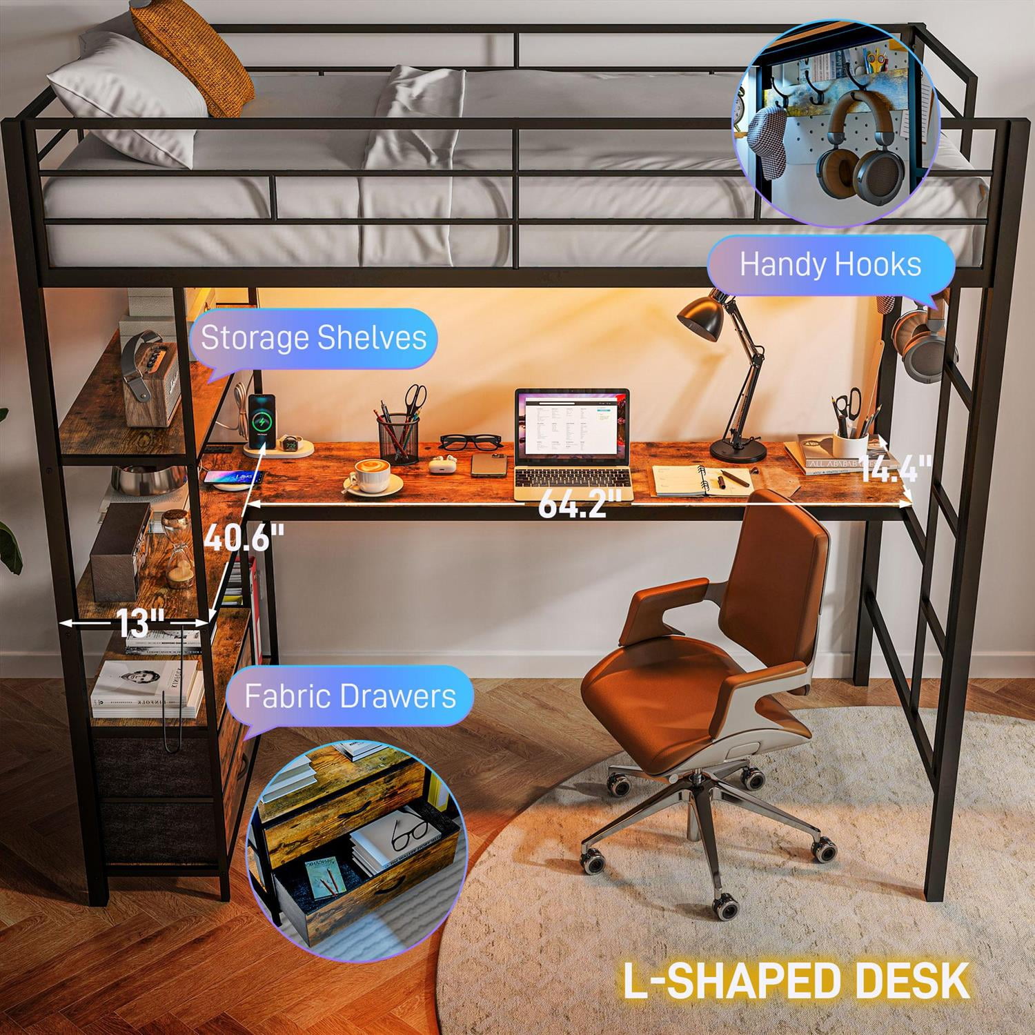 Demi Bonn 78" Modern Metal Frame Loft Bed with Desk and Charging Station, LED Lights, for Teenagers and Guests, Black