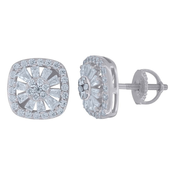 925 Sterling Silver Womens Baguette Round Cubic Zirconia Square Fashion Stud Earrings 10.7mm Wide Stud Earring for Women