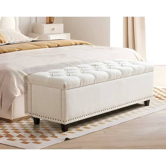 Magic Union 50" storage bench for Bedroom, Tufted storage ottoman bench with pholstered, large long end of bed storage bench, Load up to 660 lb, Wooden Legs, for Bedroom & Living Room, Beige