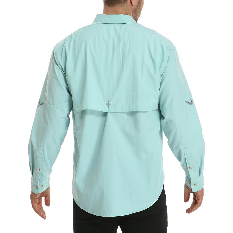 LRD Men's UPF 30 Long Sleeve Button Down Fishing Shirts Light Blue