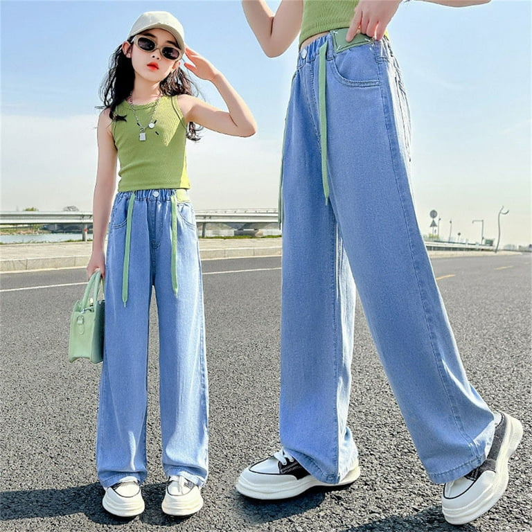 B91xZ Girls Pants Big Kids Girls' Summer Drawstring Jeans Daily Wearing  Thin Casual Pants Loose Wide Leg Pants Blue,Sizes 7-8 Years