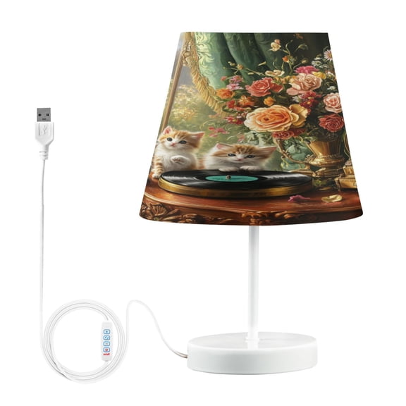 BZSMCE Table Lamp Creative Kittens Flowers Gramophone Vintage Setting Simple Pattern Night Light
