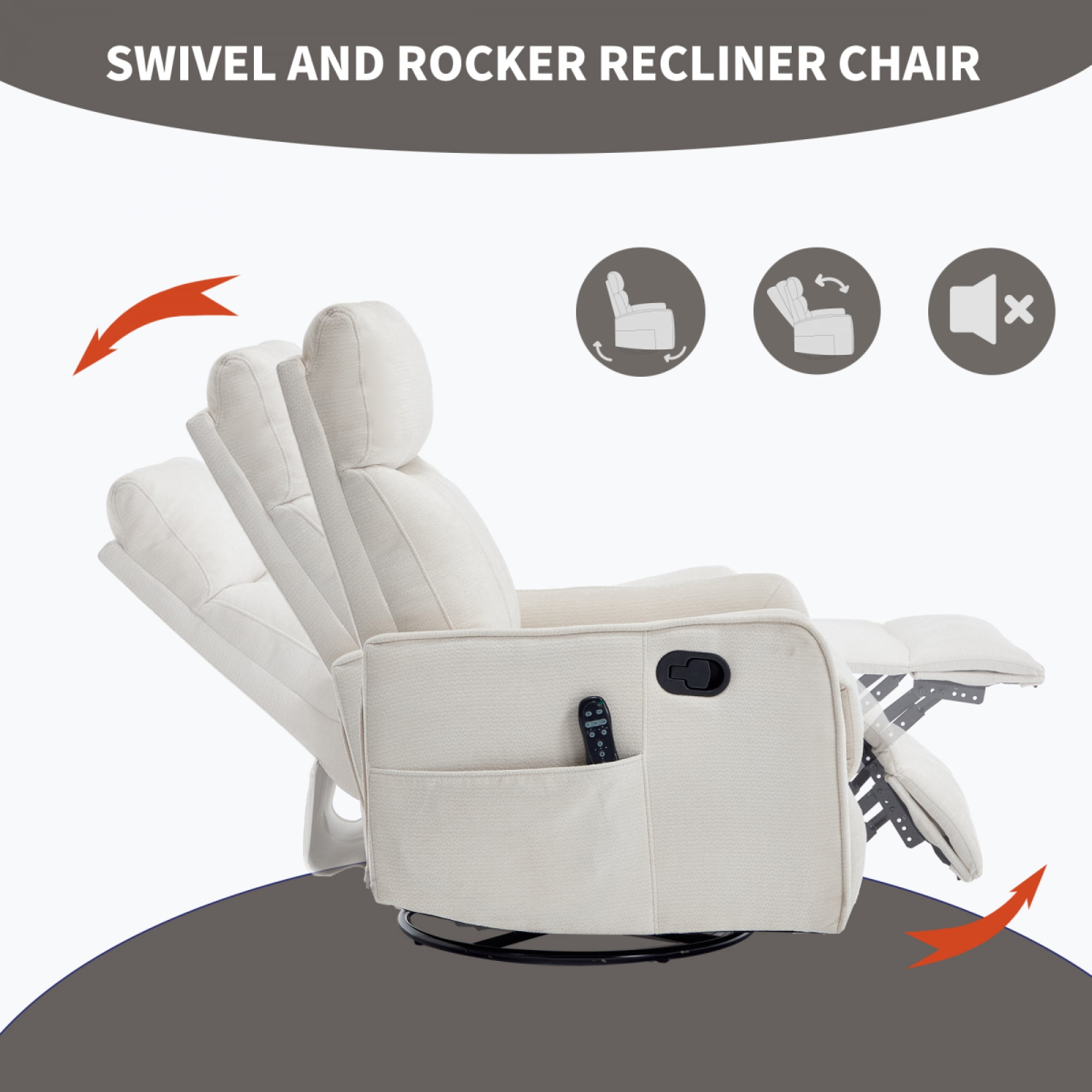 360 Swivel Rocking Recliner Chair for Adults, Nursery Rocking Chair with Heat and Massage, Glider Reclining Chair for Small Space, Living Room, Bedroom (Chenille, Beige)