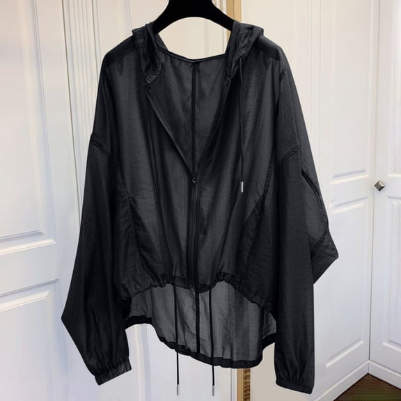 Dolkfu Full Zip Summer Tops for Women 2026 Minimalist Black Zip Mock Neck Full Sleeve Windbreaker Solid Upf Protection Jackets Black,L