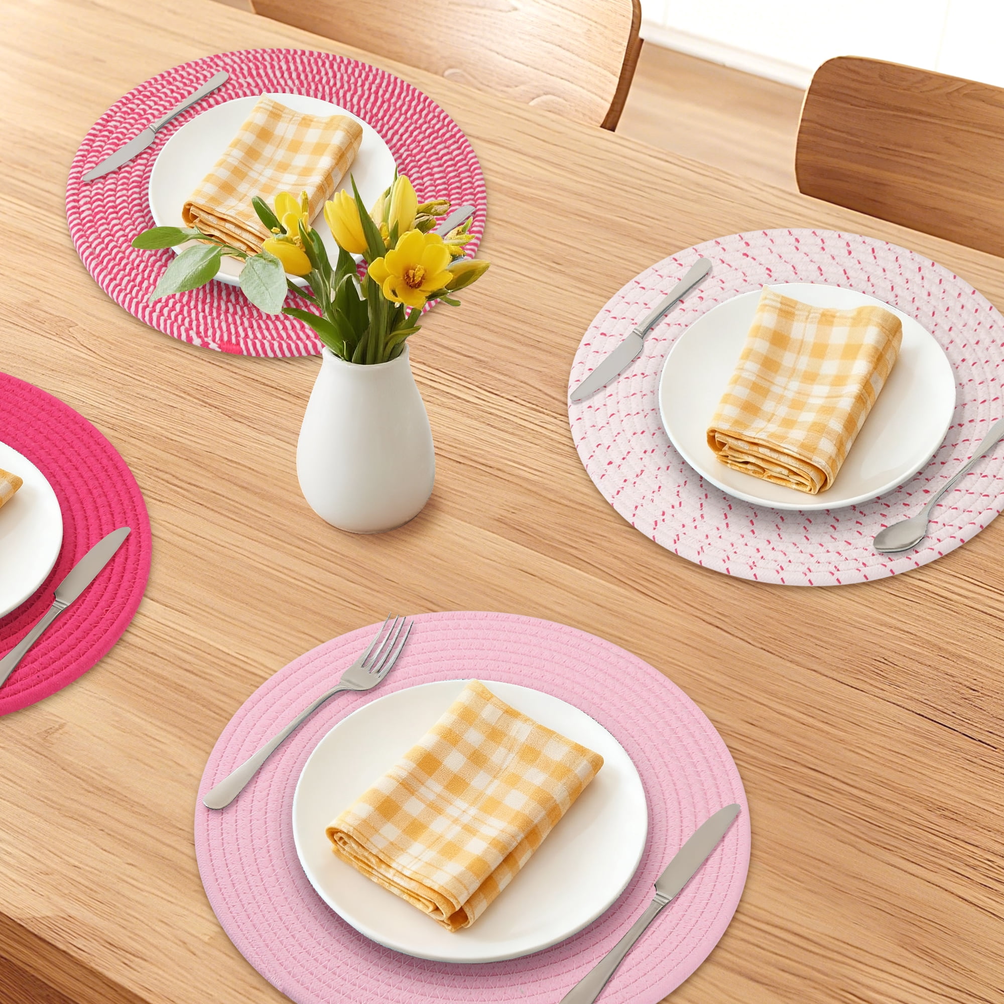 Unique Bargains 4Pcs Round Woven Table Placemats Pink 13x13inch