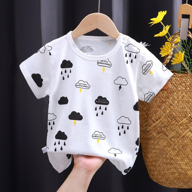 Kids Clothes T-Shirt Children's Clothing Boys Girls Summer Cartoon Tops Short Sleeve Clothes 100% Cotton Blue Excavator Cartoon
