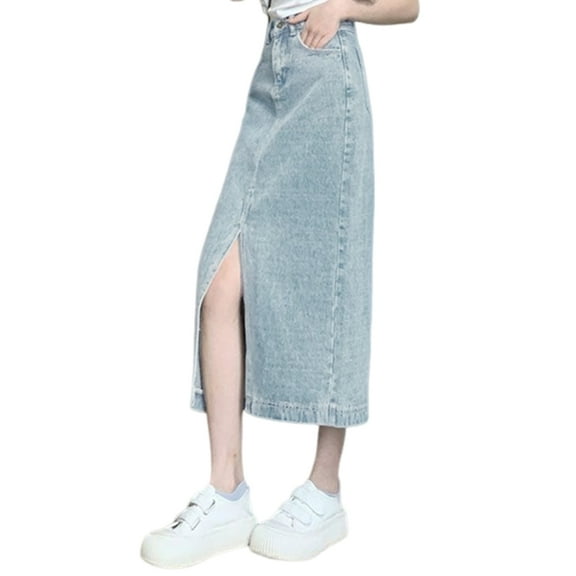 Yokua Womens Button Zippered Jeans Skirt High Waist Split Front A Line Long Skirts