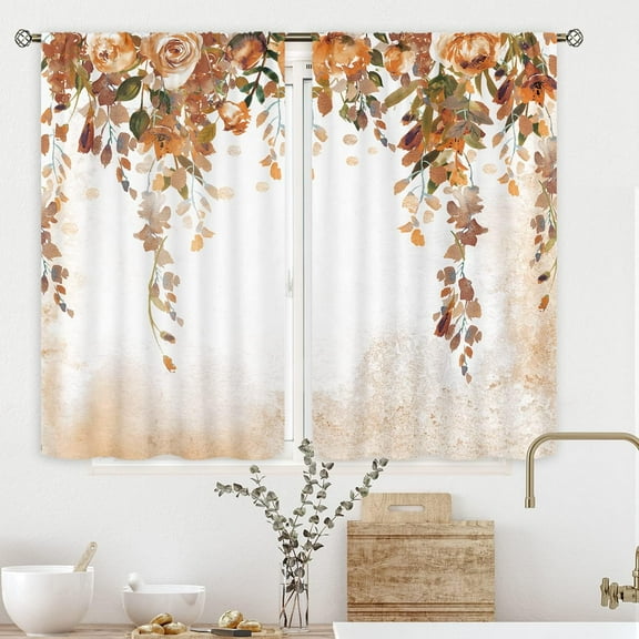 Orange Floral Kitchen Curtains 27.5Wx36H Inch Rod Pocket Autumn Leaves Curtains Brown Flower Kitchen Decor for Women Rustic Wildflower Fall Plant Botanical Nature Window Drapes Fabric 2 Panel