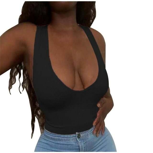 Yuyuzo Womens Tank Top Ribbed Knit Sleeveless Shirts Deep V Neck Crop Top Stretchy Slim Fitted Basic Tees