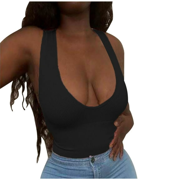 Mittory Sexy Crop Tops for Women Deep V Neck Backless Ribbed Knit Vest Tank Top Sleeveless Plunge Racerback Cropped Tanks