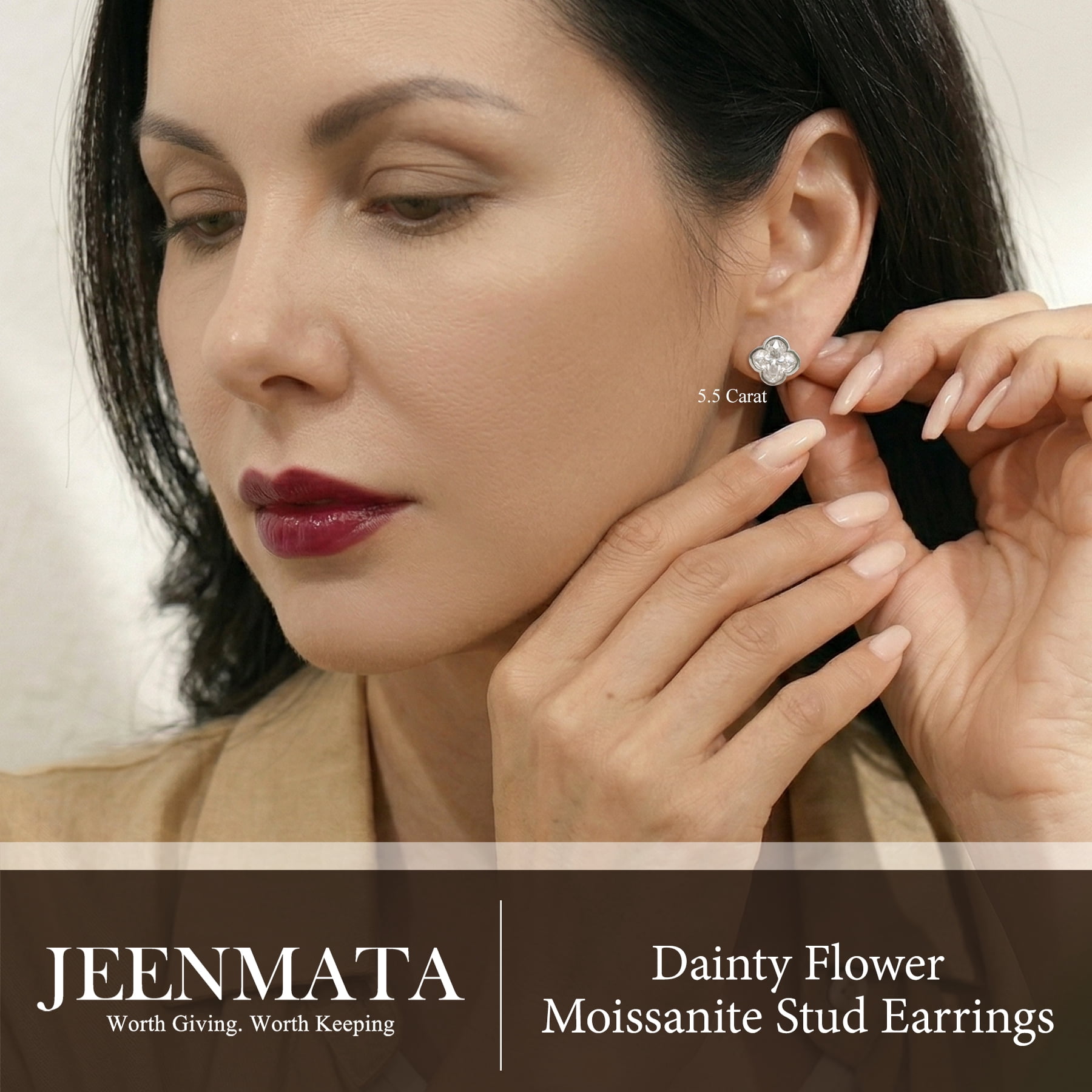 JeenMata 5.5 Carat Danity Flower Moissanite Stud - Floral Cut Earrings in 18K White Gold Plating for Women