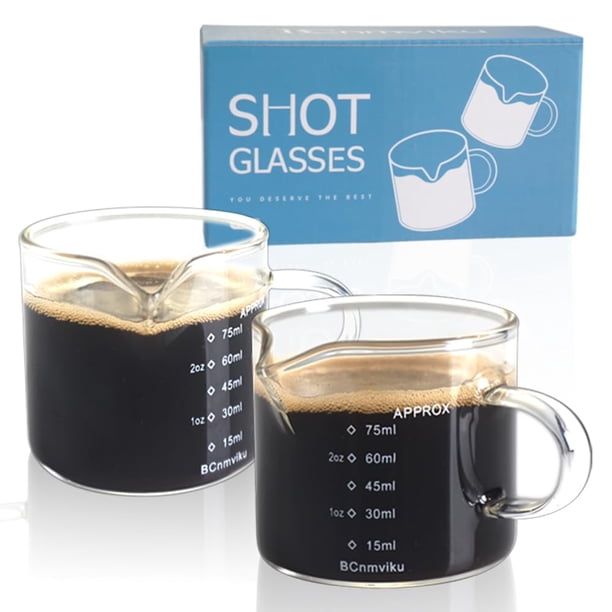 Vaso medidor de vidrio para espresso BCNMViku de 75 ml con asa (paquete de 2)