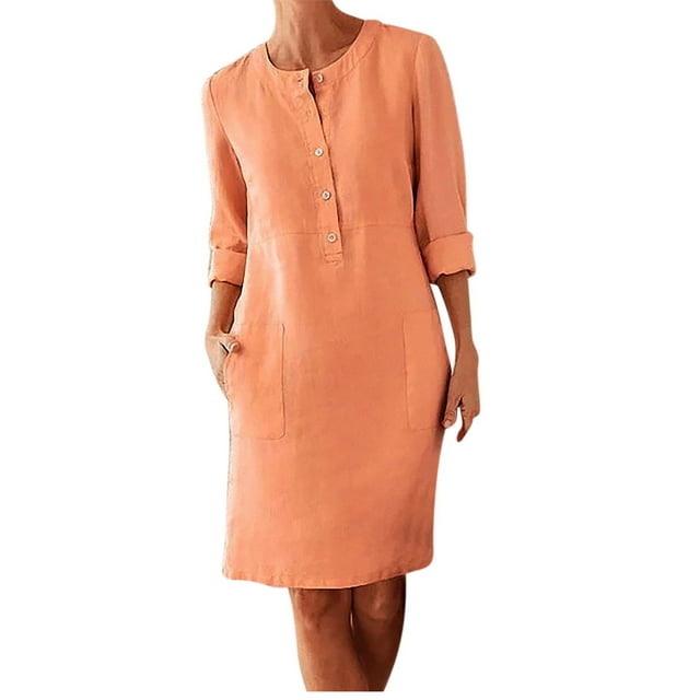 QUYUON Robe en Lin pour Femme Grande Taille Tendance à Boutons Col Manches Longues Mini Robes avec Poches Robe au-Dessus du Genou Robe de Plage Robe d'Été Soirée Cocktail Fête Robe Courte, Orange m