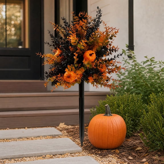 Rysoverian Fall Pumpkin Garden Stakes, Orange & Black Outdoor Yard Decor with Eucalyptus Foliage for Patio and Lawn