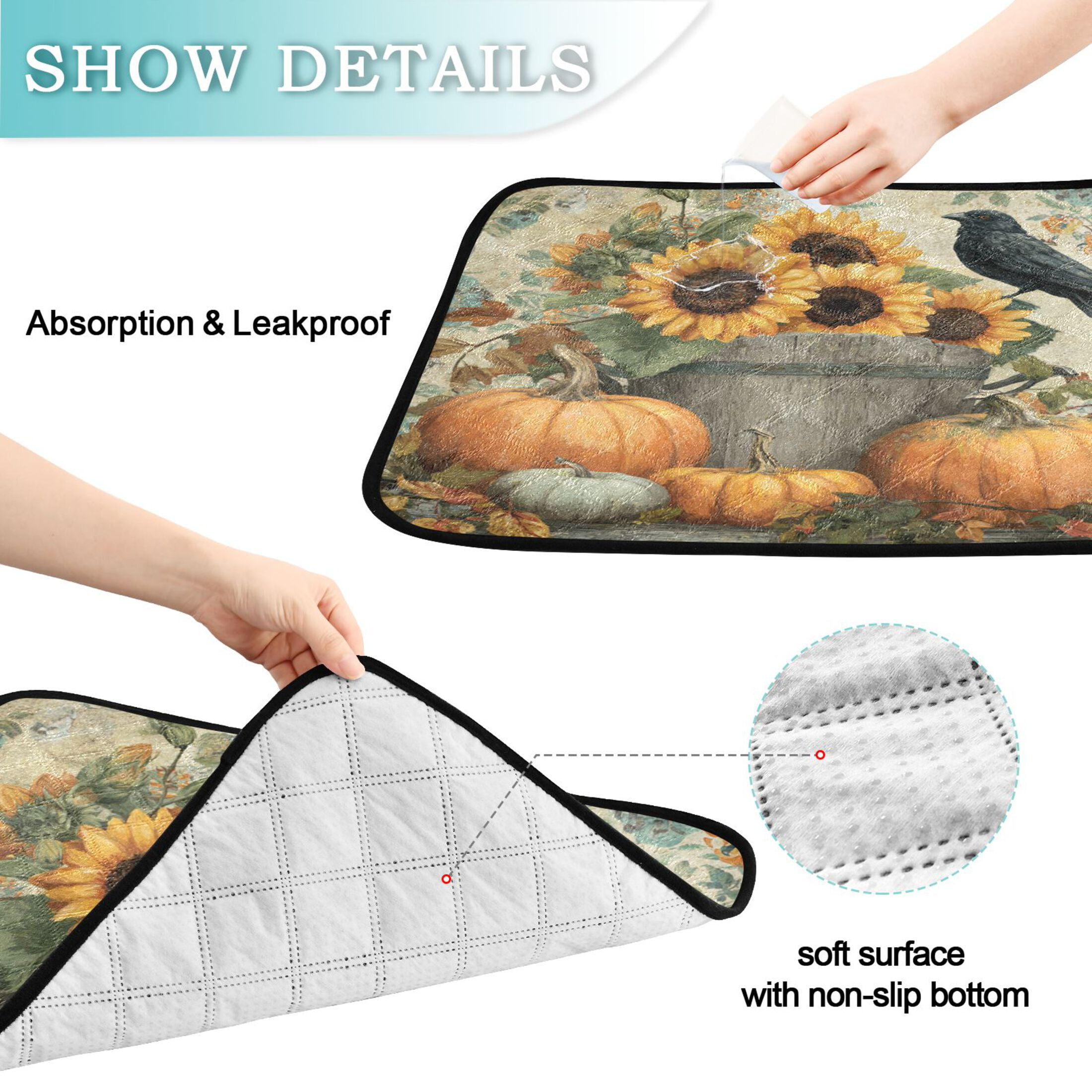 Qxltty Pumpkins Sunflowers Cat litter Pads Pet Set of 3 Diaper Mats Center Anti-leakage Layer Absorbent Soft and Comfortable
