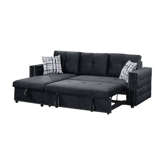 Poundex Upholstered Velvet Reversible Chaise Convertible Sectional in Black