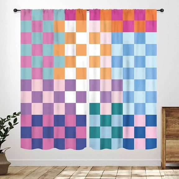 Colorful Checkered Curtains,Multicolor Checkerboard Retro Rainbow Cute Vintage Geometric Patterns Aesthetic Funky Window Treatments For Bedroom Living Room Kitchen Drapes 26"W x 54"L (Pack of 2)