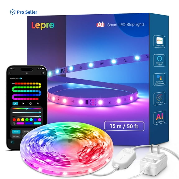 Lepro S1 AI LED Strip Lights, 49.2ft Smart RGB Light Strip with IC, Rainbow Effects, Color DIY, Personalized AI Lighting Designer, Wi-Fi & Bluetooth