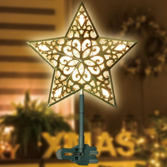 9.5" 20L Lighted Gold Glitter Christmas Star Tree Topper,Star Shaped Decorative Tree Topper, Gold Finish,Warm White