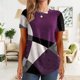 thumbnail image 2 of Camisa casual de mujer con cuello redondo y bloques de color de manga corta estampada para mujer para uso diario Púrpura L, 2 of 6