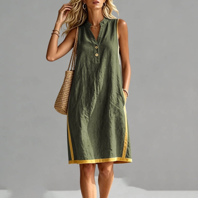 knee length green shift dress Miluxas Women's Sleeveless Henley Neck Shift Mini Dress Crinkle Textured Knee Length Casual Dress Contarst Trim Summer Tunic Dress with Pockets Green,